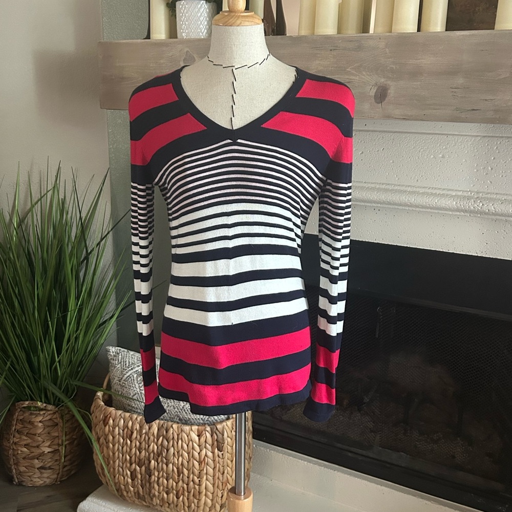 Tommy Hilfiger Black and White Fitted Ribbed Long Sleeve Blouse